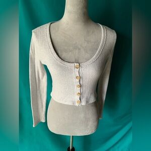 Dress Forum Pointelle Cream/Tan Button-Down Knit Cardigan Top, Women’s Medium